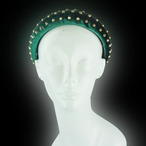 Lele Sadoughi Green Velvet Studded Headband Gold Padded Statement